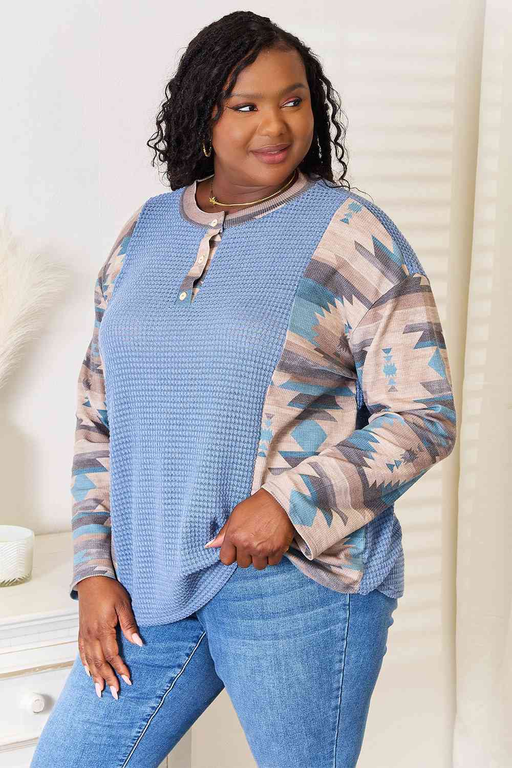 Sew In Love Full Size Waffle Knit Tribal Print Top-TOPS / DRESSES-[Adult]-[Female]-2022 Online Blue Zone Planet