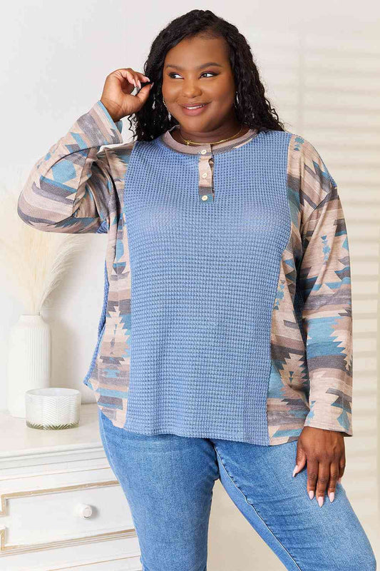 Sew In Love Full Size Waffle Knit Tribal Print Top-TOPS / DRESSES-[Adult]-[Female]-Sky Blue-S-2022 Online Blue Zone Planet