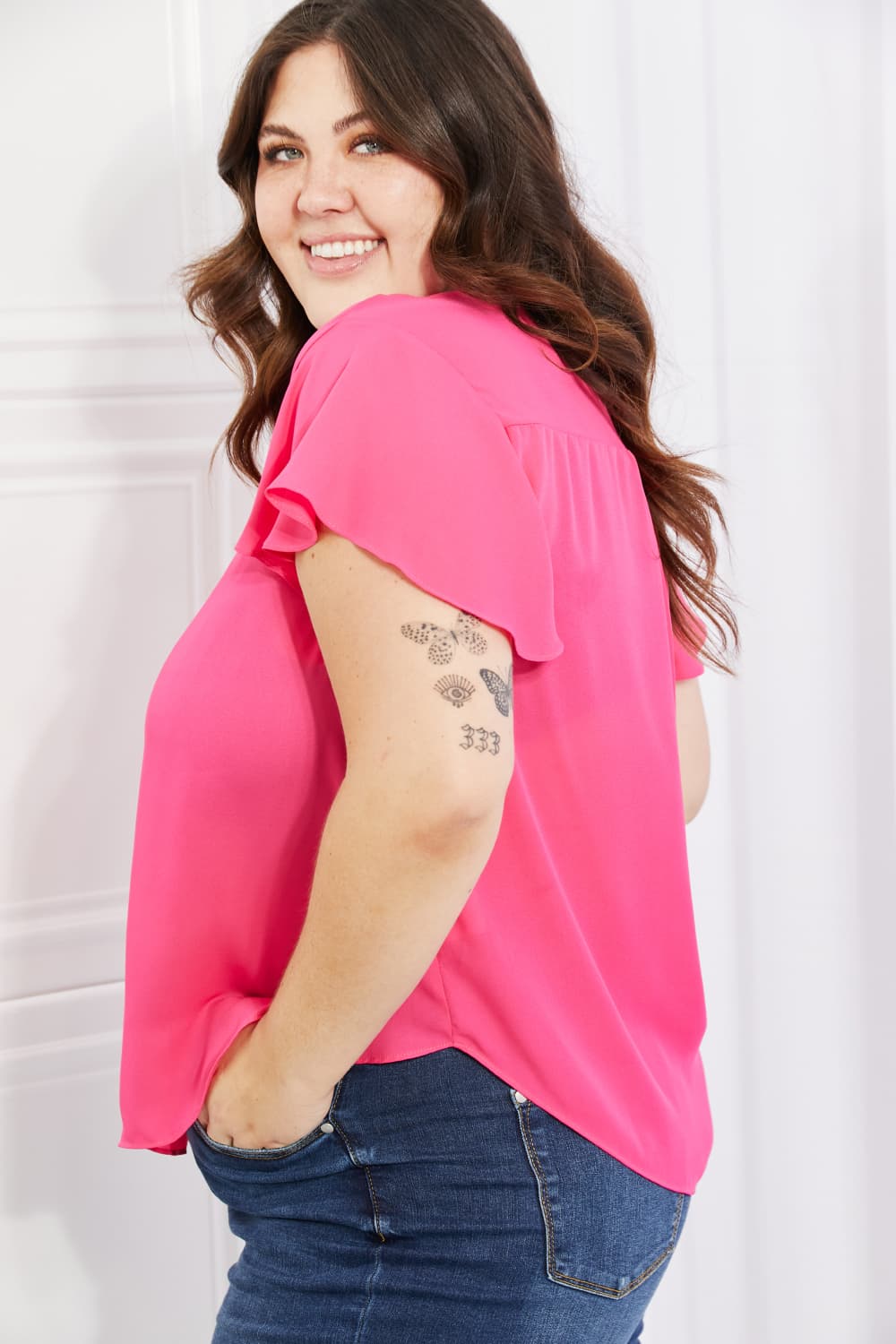 Sew In Love Just For You Full Size Short Ruffled sleeve length Top in Hot Pink BLUE ZONE PLANET