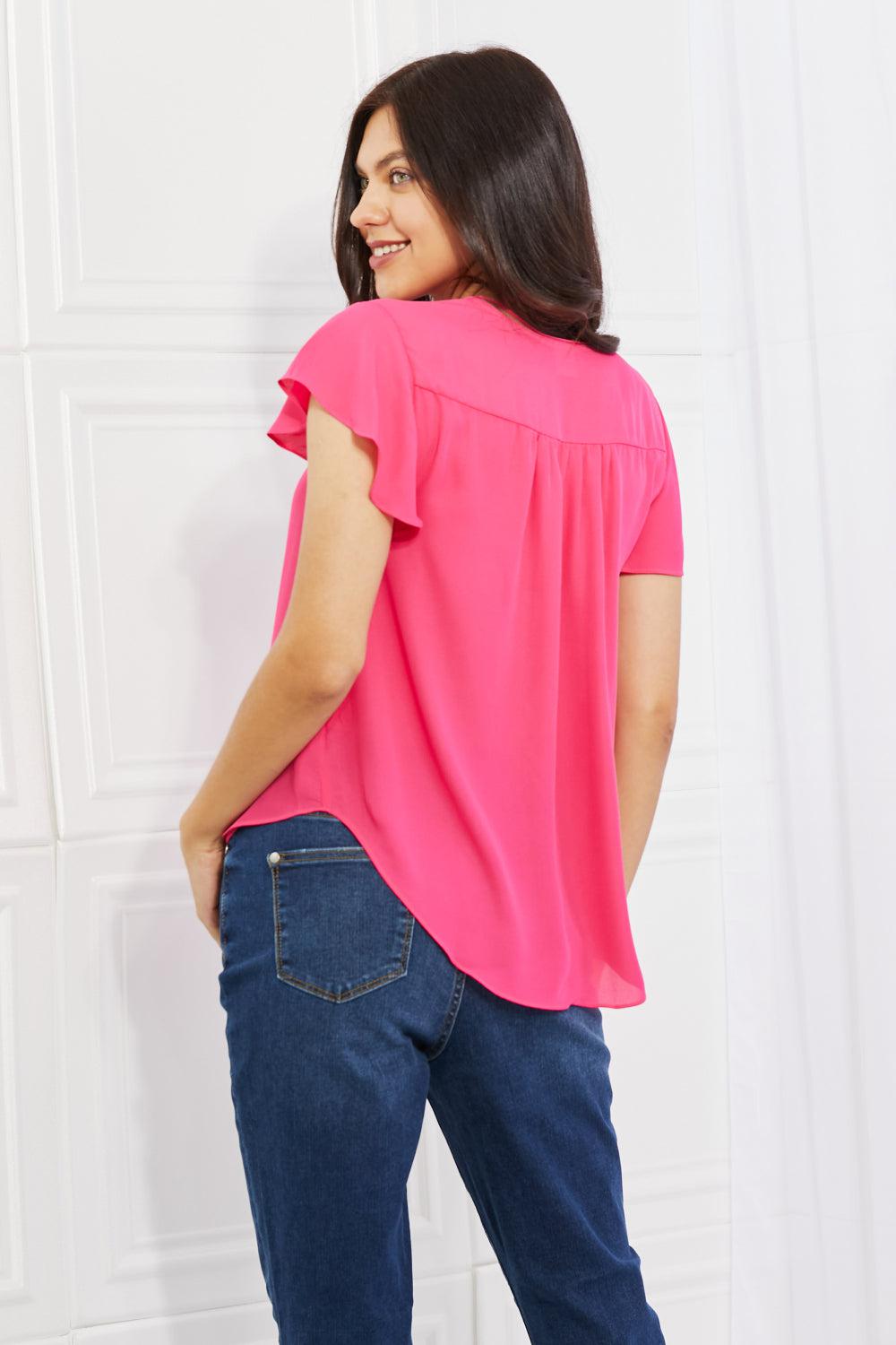 Sew In Love Just For You Full Size Short Ruffled sleeve length Top in Hot Pink BLUE ZONE PLANET