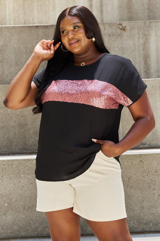 Sew In Love Shine Bright Full Size Center Mesh Sequin Top in Black/Mauve BLUE ZONE PLANET