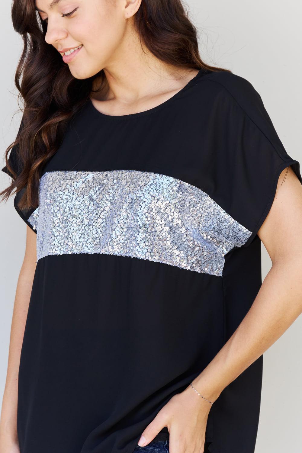 Sew In Love Shine Bright Full Size Center Mesh Sequin Top in Black/Silver BLUE ZONE PLANET