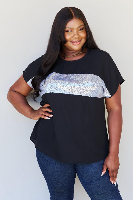 Sew In Love Shine Bright Full Size Center Mesh Sequin Top in Black/Silver BLUE ZONE PLANET