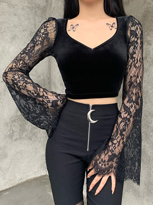 Sexy dark hollow trumpet sleeve bottoming shirt short V-neck lace splicing top BLUE ZONE PLANET