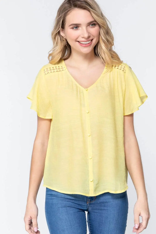 Short Ruffle Slv V-neck Woven Top Blue Zone Planet