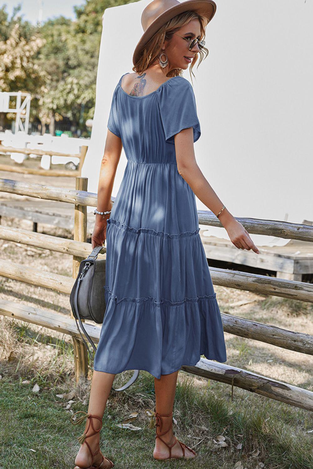 Short Sleeve Frill Trim Buttoned Dress BLUE ZONE PLANET