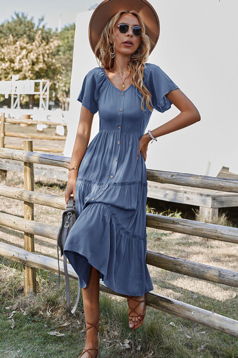 Short Sleeve Frill Trim Buttoned Dress BLUE ZONE PLANET