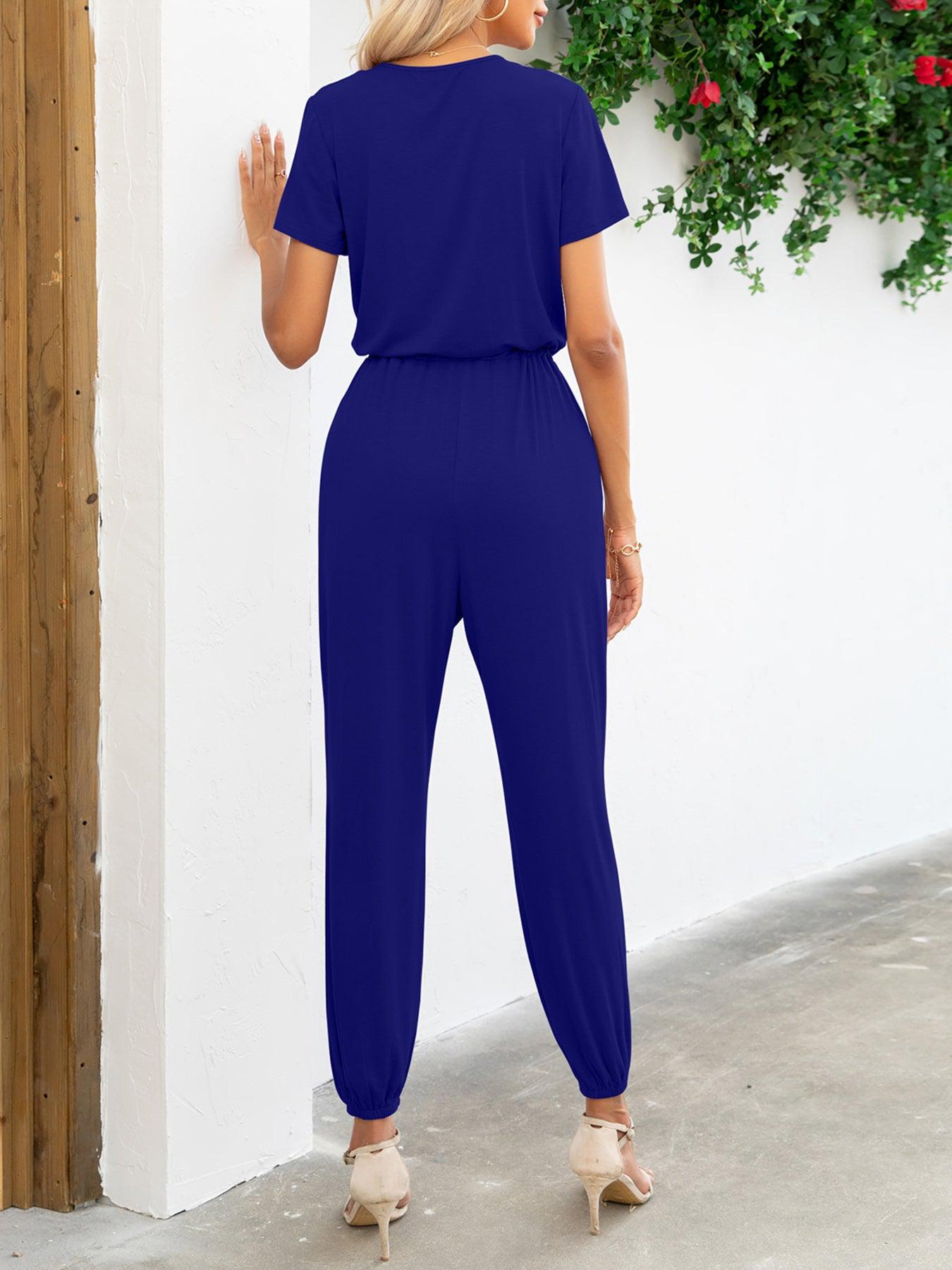 Short Sleeve V-Neck Jumpsuit with Pockets BLUE ZONE PLANET