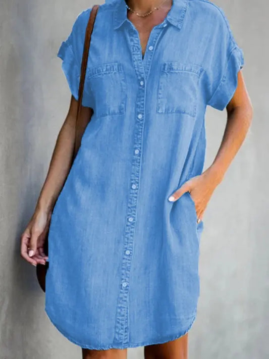 Short-sleeve blue slim-fit denim midi dress kakaclo