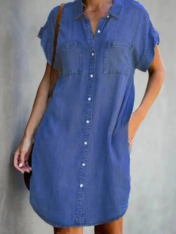 Short-sleeve blue slim-fit denim midi dress kakaclo