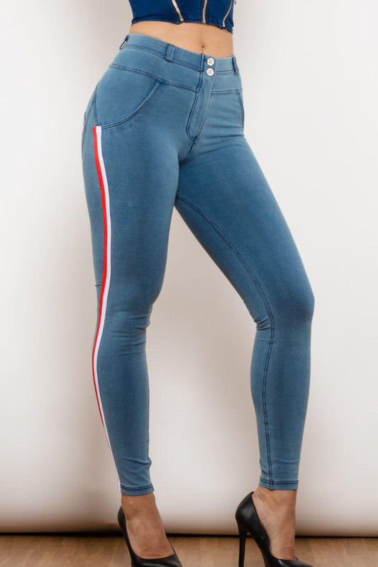 Side Stripe Contrast Buttoned Skinny Jeans BLUE ZONE PLANET