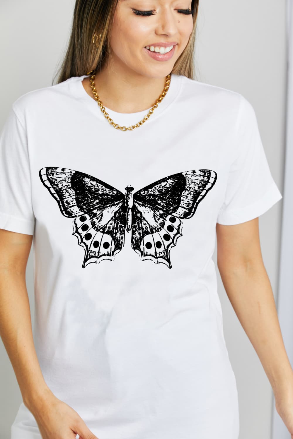 Simply Love Butterfly Graphic Cotton T-Shirt-TOPS / DRESSES-[Adult]-[Female]-White-S-2022 Online Blue Zone Planet