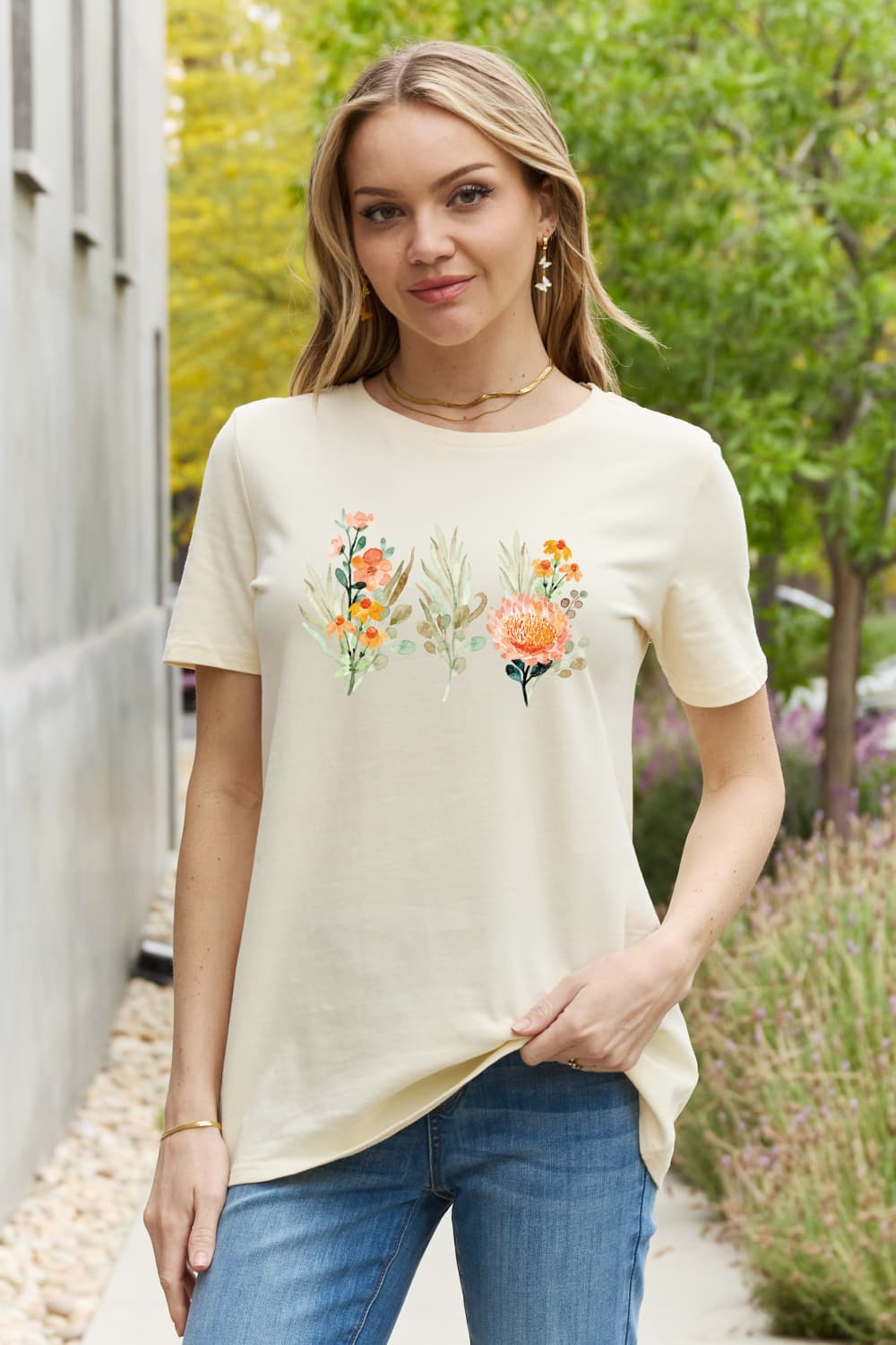 Simply Love Flower Graphic Round Neck Cotton Tee BLUE ZONE PLANET