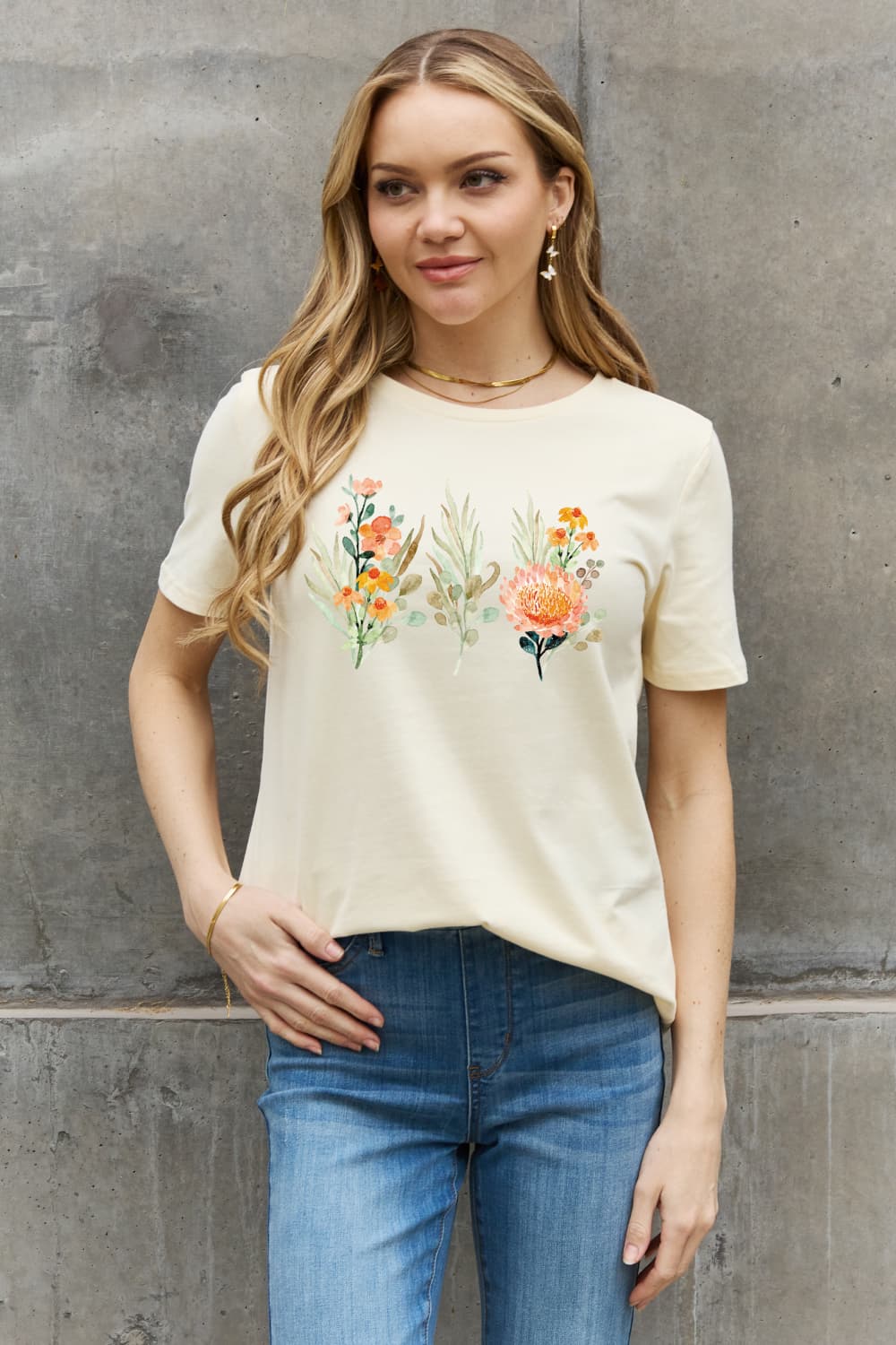 Simply Love Flower Graphic Round Neck Cotton Tee BLUE ZONE PLANET