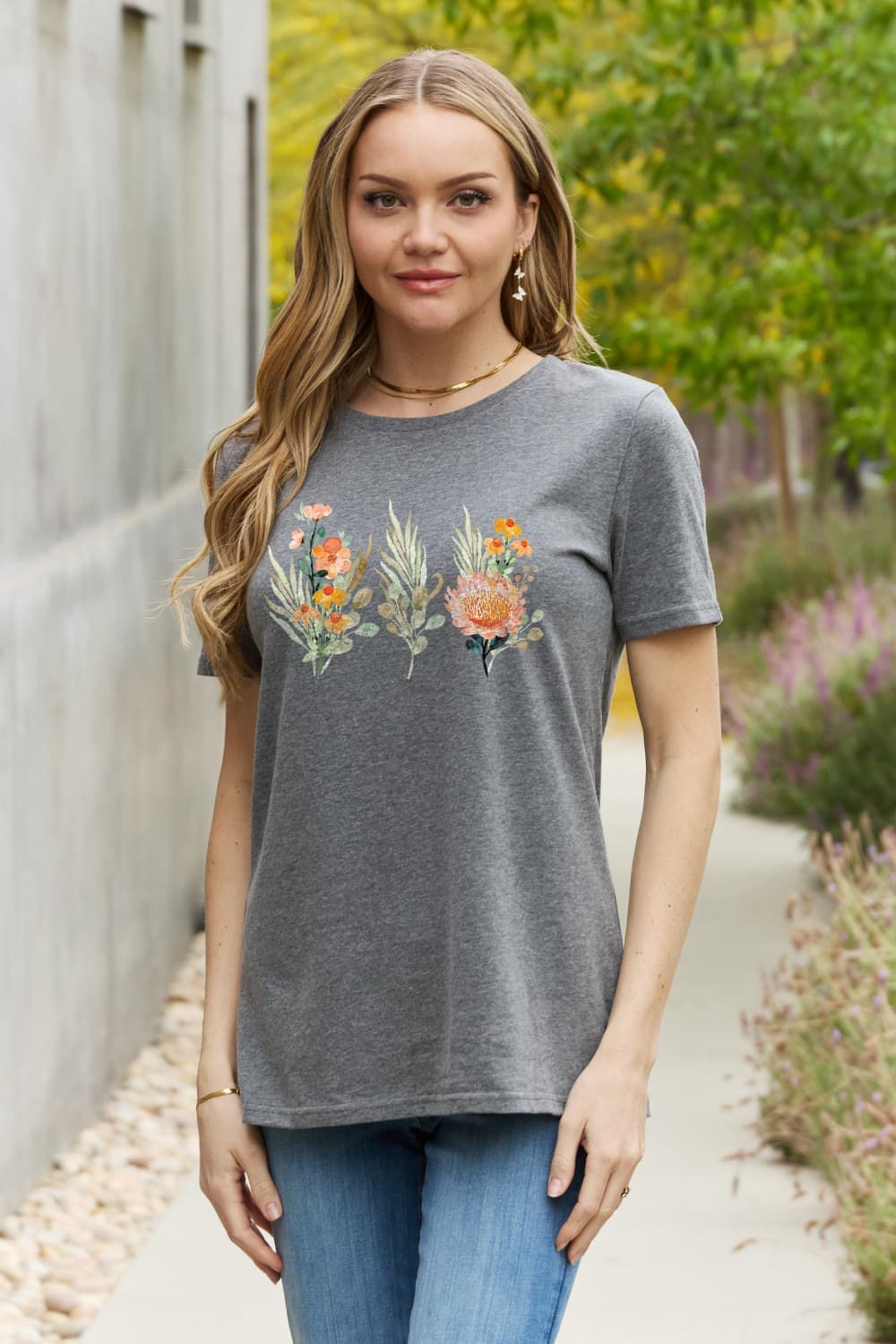 Simply Love Flower Graphic Round Neck Cotton Tee BLUE ZONE PLANET