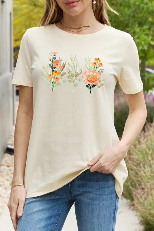 Simply Love Flower Graphic Round Neck Cotton Tee BLUE ZONE PLANET