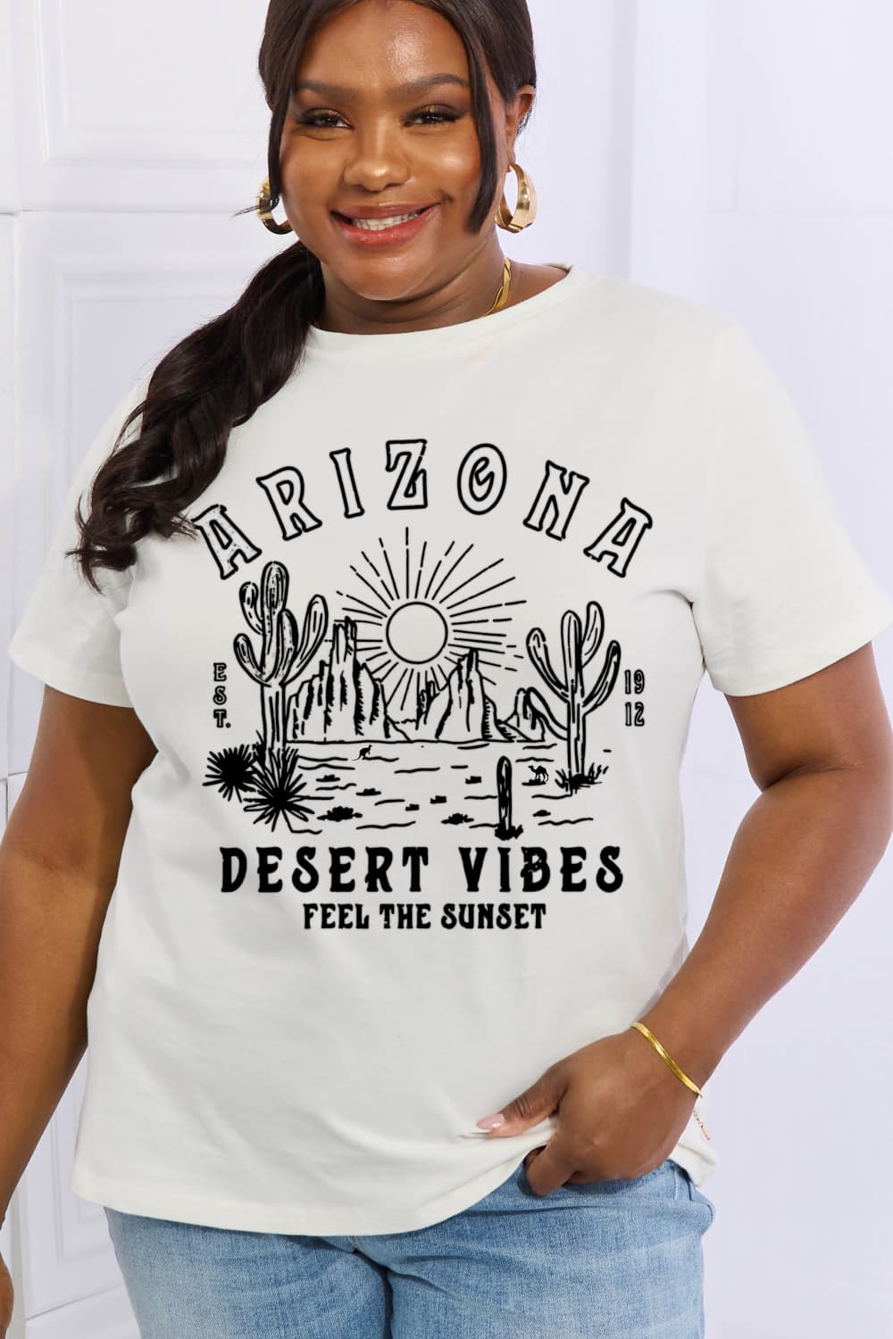 Simply Love Full Size ARIZONA DESERT VIBES FEEL THE SUNSET Graphic Cotton Tee BLUE ZONE PLANET