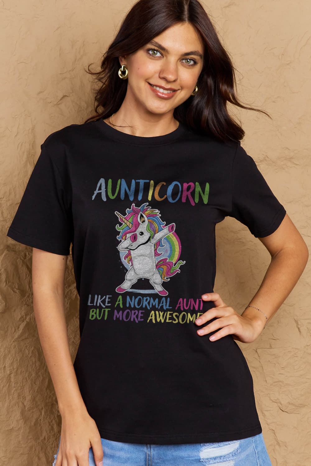 Simply Love Full Size AUNTICORN LIKE A NORMAL AUNT BUT MORE AWESOME Graphic Cotton Tee BLUE ZONE PLANET