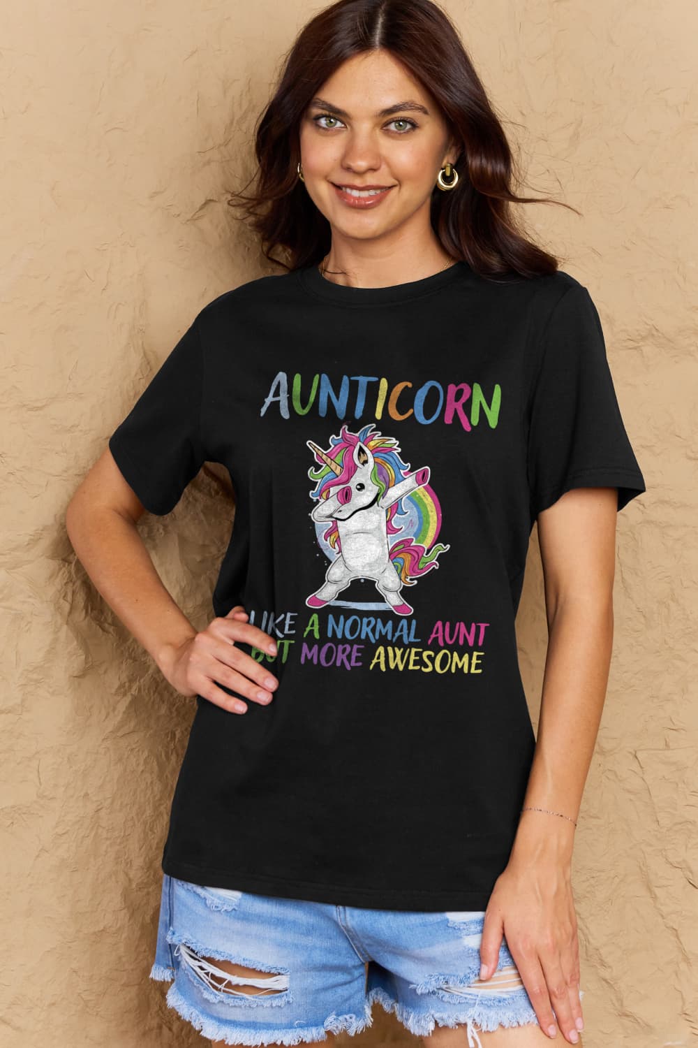 Simply Love Full Size AUNTICORN LIKE A NORMAL AUNT BUT MORE AWESOME Graphic Cotton Tee BLUE ZONE PLANET