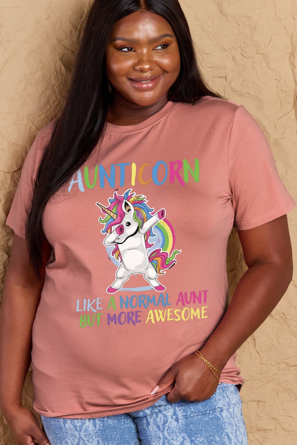 Simply Love Full Size AUNTICORN LIKE A NORMAL AUNT BUT MORE AWESOME Graphic Cotton Tee BLUE ZONE PLANET