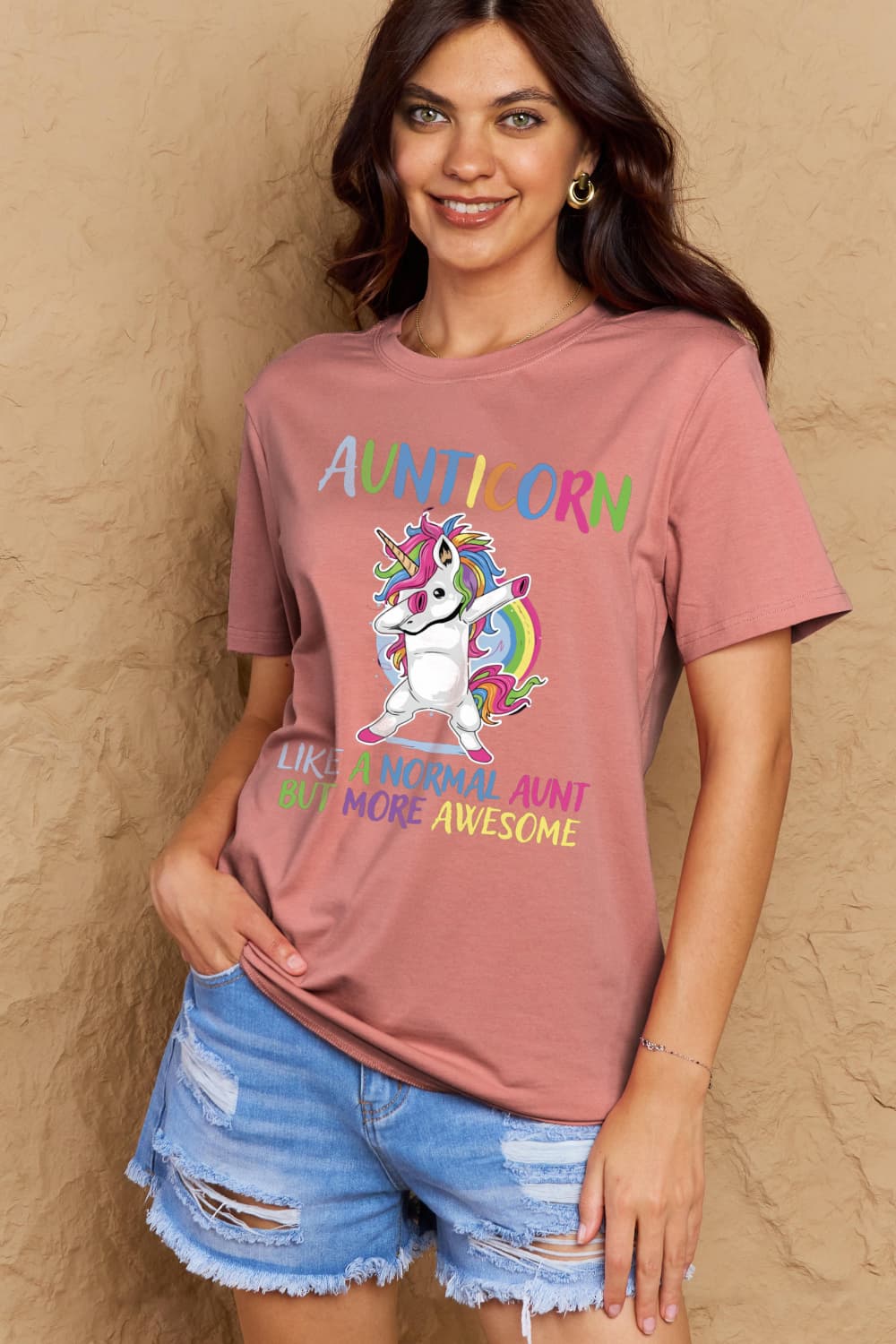 Simply Love Full Size AUNTICORN LIKE A NORMAL AUNT BUT MORE AWESOME Graphic Cotton Tee BLUE ZONE PLANET