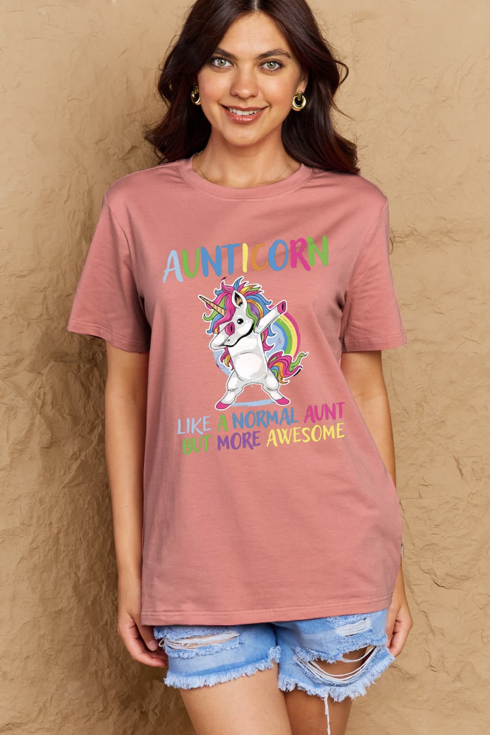 Simply Love Full Size AUNTICORN LIKE A NORMAL AUNT BUT MORE AWESOME Graphic Cotton Tee BLUE ZONE PLANET