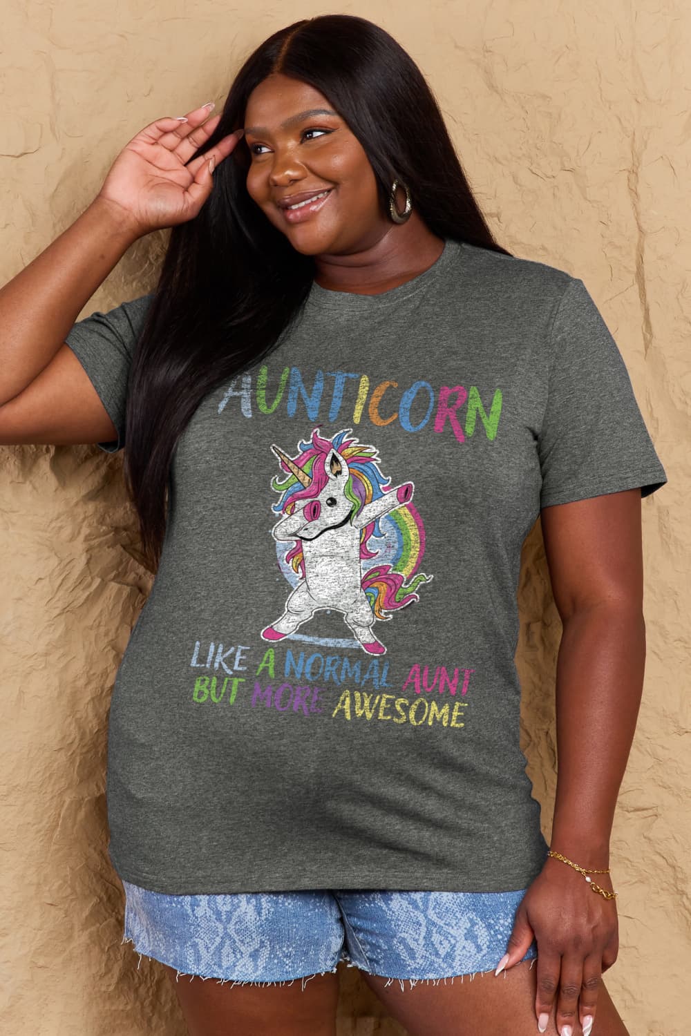 Simply Love Full Size AUNTICORN LIKE A NORMAL AUNT BUT MORE AWESOME Graphic Cotton Tee BLUE ZONE PLANET