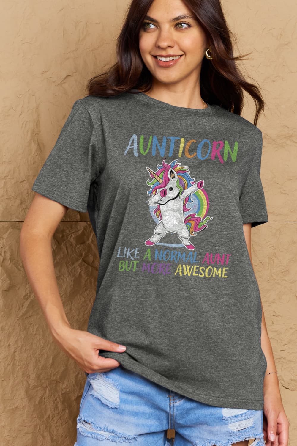 Simply Love Full Size AUNTICORN LIKE A NORMAL AUNT BUT MORE AWESOME Graphic Cotton Tee BLUE ZONE PLANET