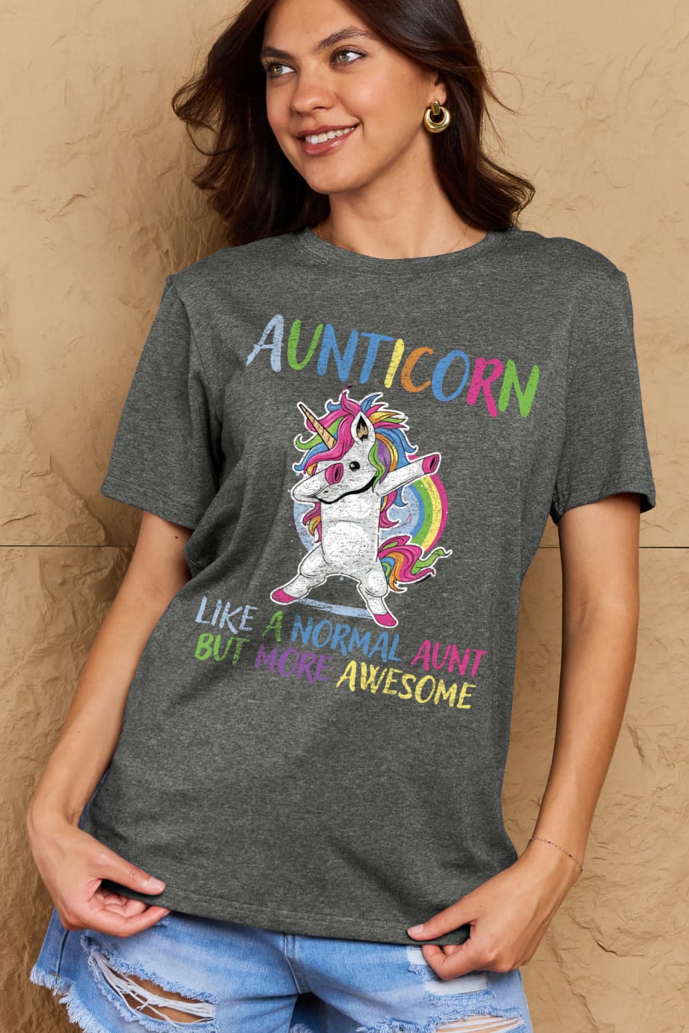 Simply Love Full Size AUNTICORN LIKE A NORMAL AUNT BUT MORE AWESOME Graphic Cotton Tee BLUE ZONE PLANET