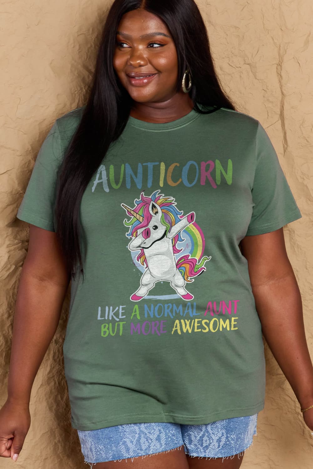 Simply Love Full Size AUNTICORN LIKE A NORMAL AUNT BUT MORE AWESOME Graphic Cotton Tee BLUE ZONE PLANET