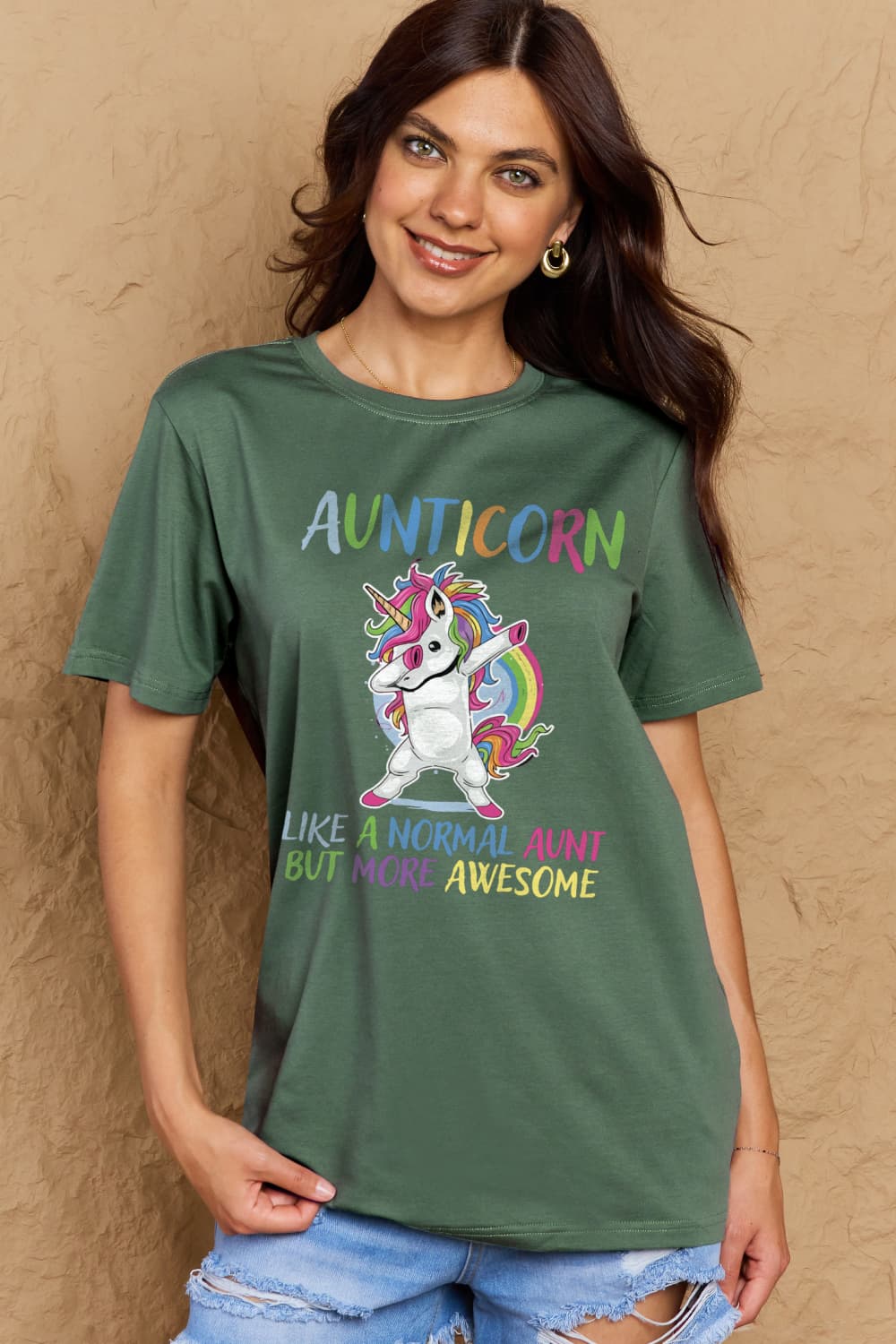 Simply Love Full Size AUNTICORN LIKE A NORMAL AUNT BUT MORE AWESOME Graphic Cotton Tee BLUE ZONE PLANET