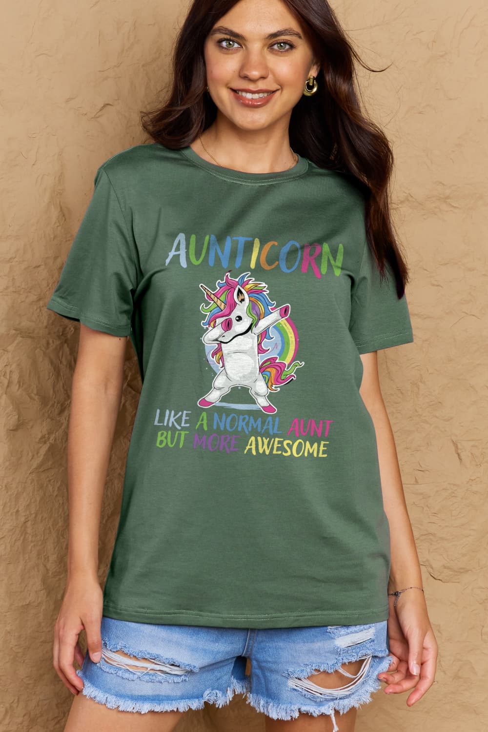 Simply Love Full Size AUNTICORN LIKE A NORMAL AUNT BUT MORE AWESOME Graphic Cotton Tee BLUE ZONE PLANET