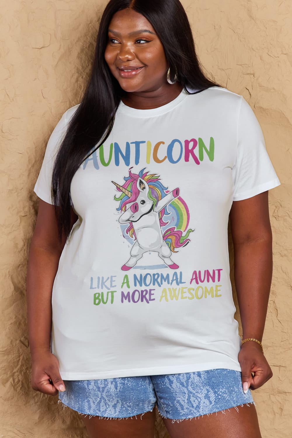 Simply Love Full Size AUNTICORN LIKE A NORMAL AUNT BUT MORE AWESOME Graphic Cotton Tee BLUE ZONE PLANET