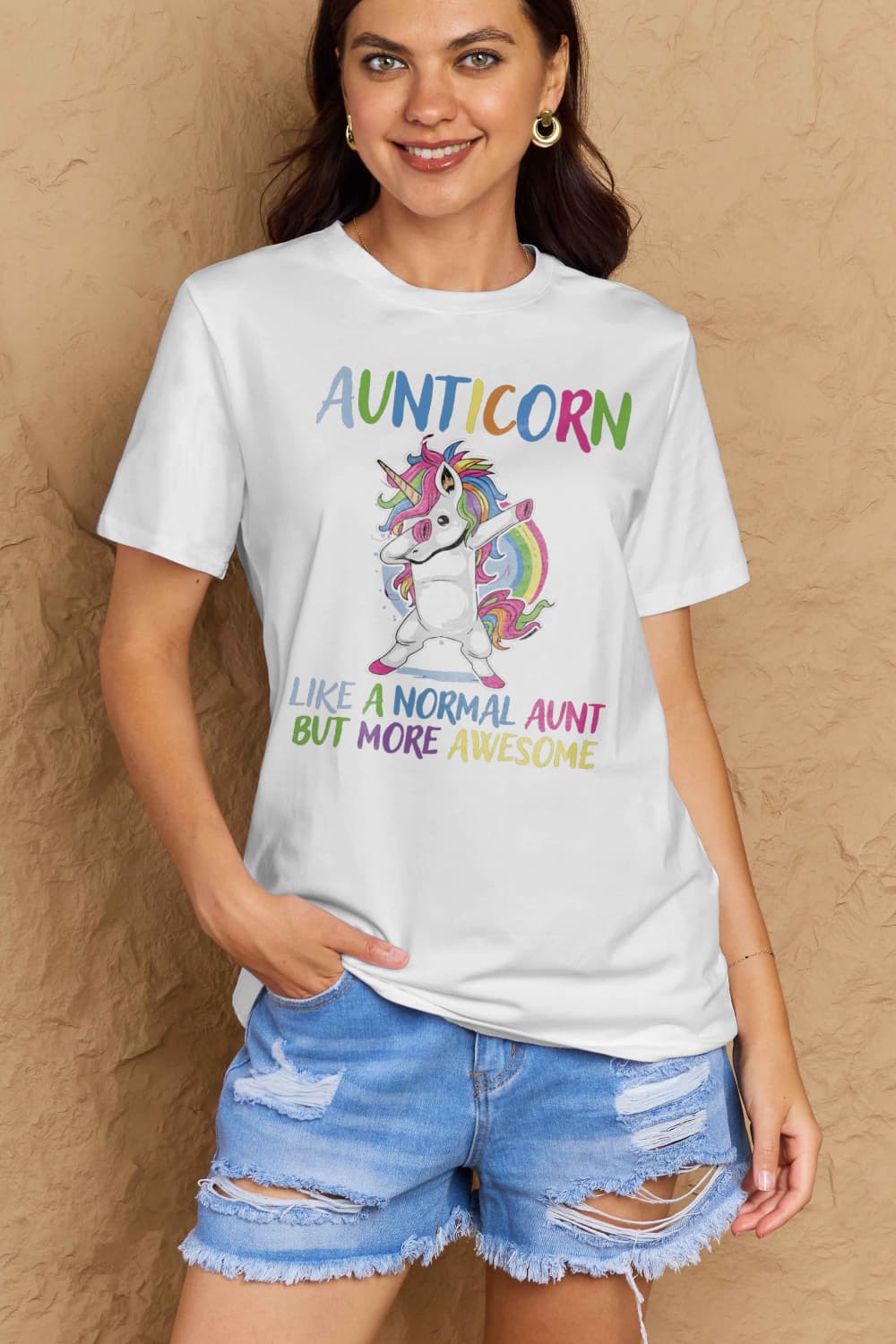 Simply Love Full Size AUNTICORN LIKE A NORMAL AUNT BUT MORE AWESOME Graphic Cotton Tee BLUE ZONE PLANET