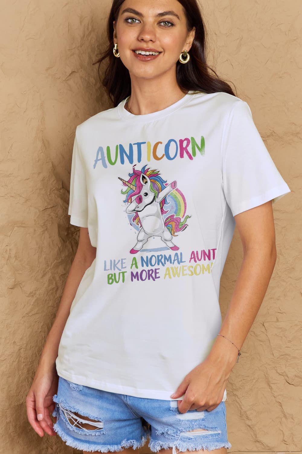 Simply Love Full Size AUNTICORN LIKE A NORMAL AUNT BUT MORE AWESOME Graphic Cotton Tee BLUE ZONE PLANET