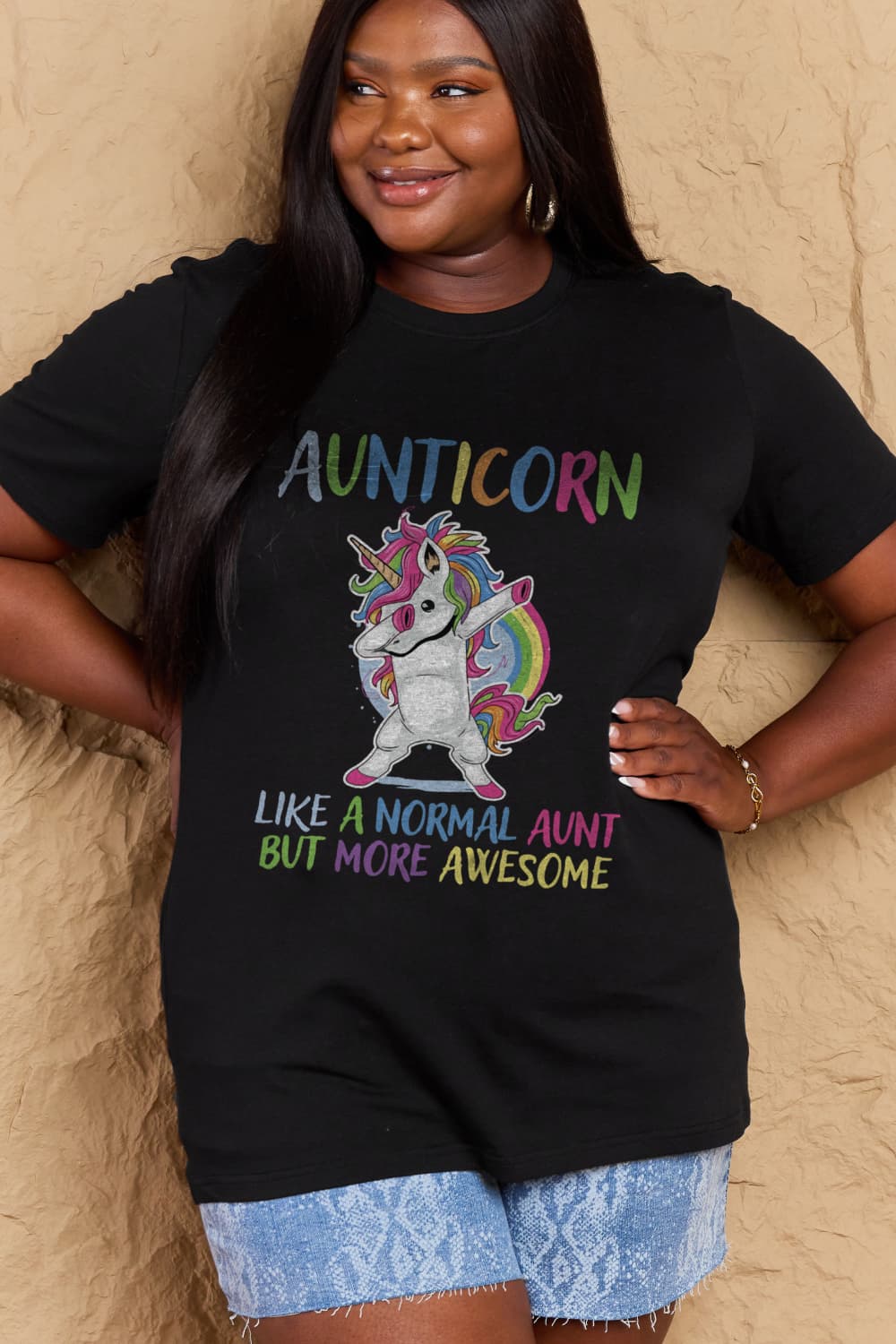 Simply Love Full Size AUNTICORN LIKE A NORMAL AUNT BUT MORE AWESOME Graphic Cotton Tee BLUE ZONE PLANET