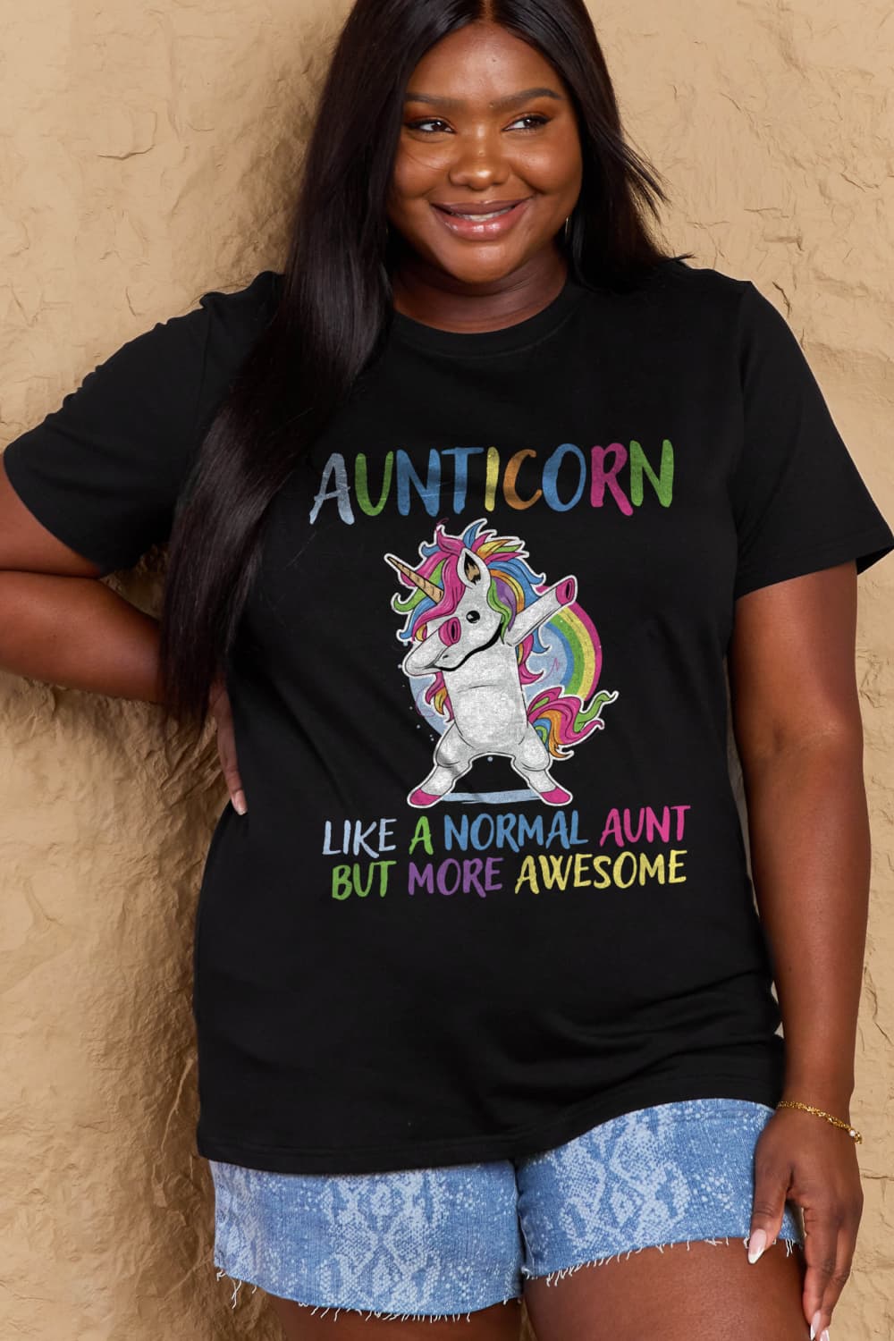 Simply Love Full Size AUNTICORN LIKE A NORMAL AUNT BUT MORE AWESOME Graphic Cotton Tee BLUE ZONE PLANET