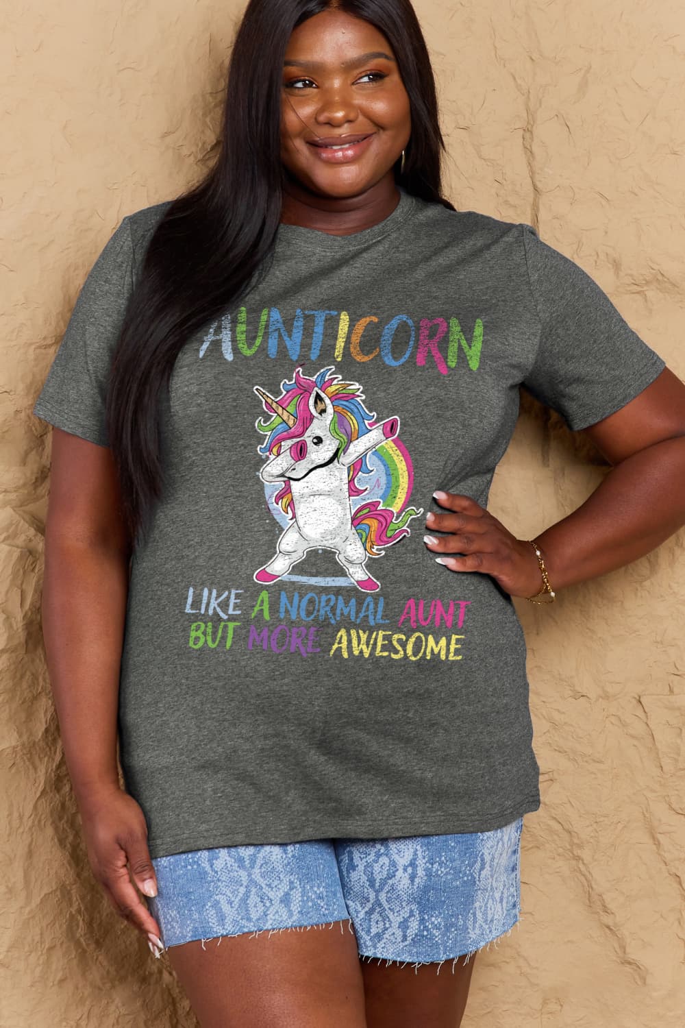 Simply Love Full Size AUNTICORN LIKE A NORMAL AUNT BUT MORE AWESOME Graphic Cotton Tee BLUE ZONE PLANET