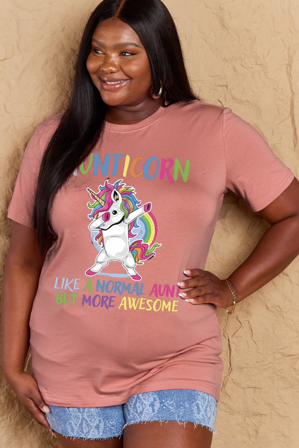 Simply Love Full Size AUNTICORN LIKE A NORMAL AUNT BUT MORE AWESOME Graphic Cotton Tee BLUE ZONE PLANET