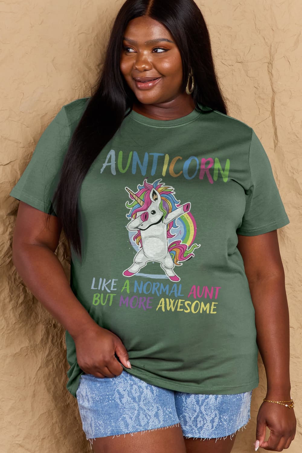 Simply Love Full Size AUNTICORN LIKE A NORMAL AUNT BUT MORE AWESOME Graphic Cotton Tee BLUE ZONE PLANET