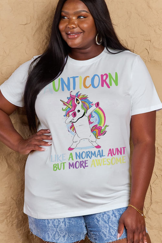 Simply Love Full Size AUNTICORN LIKE A NORMAL AUNT BUT MORE AWESOME Graphic Cotton Tee BLUE ZONE PLANET