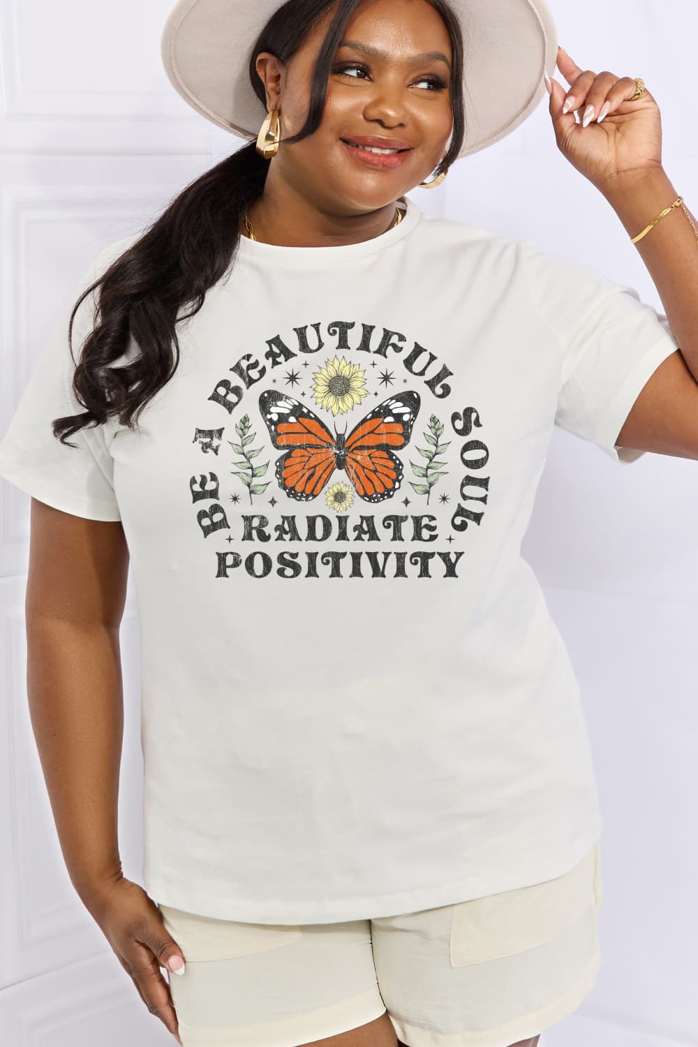 Simply Love Full Size BE A BEAUTIFUL SOUL RADIATE POSITIVITY Graphic Cotton Tee BLUE ZONE PLANET