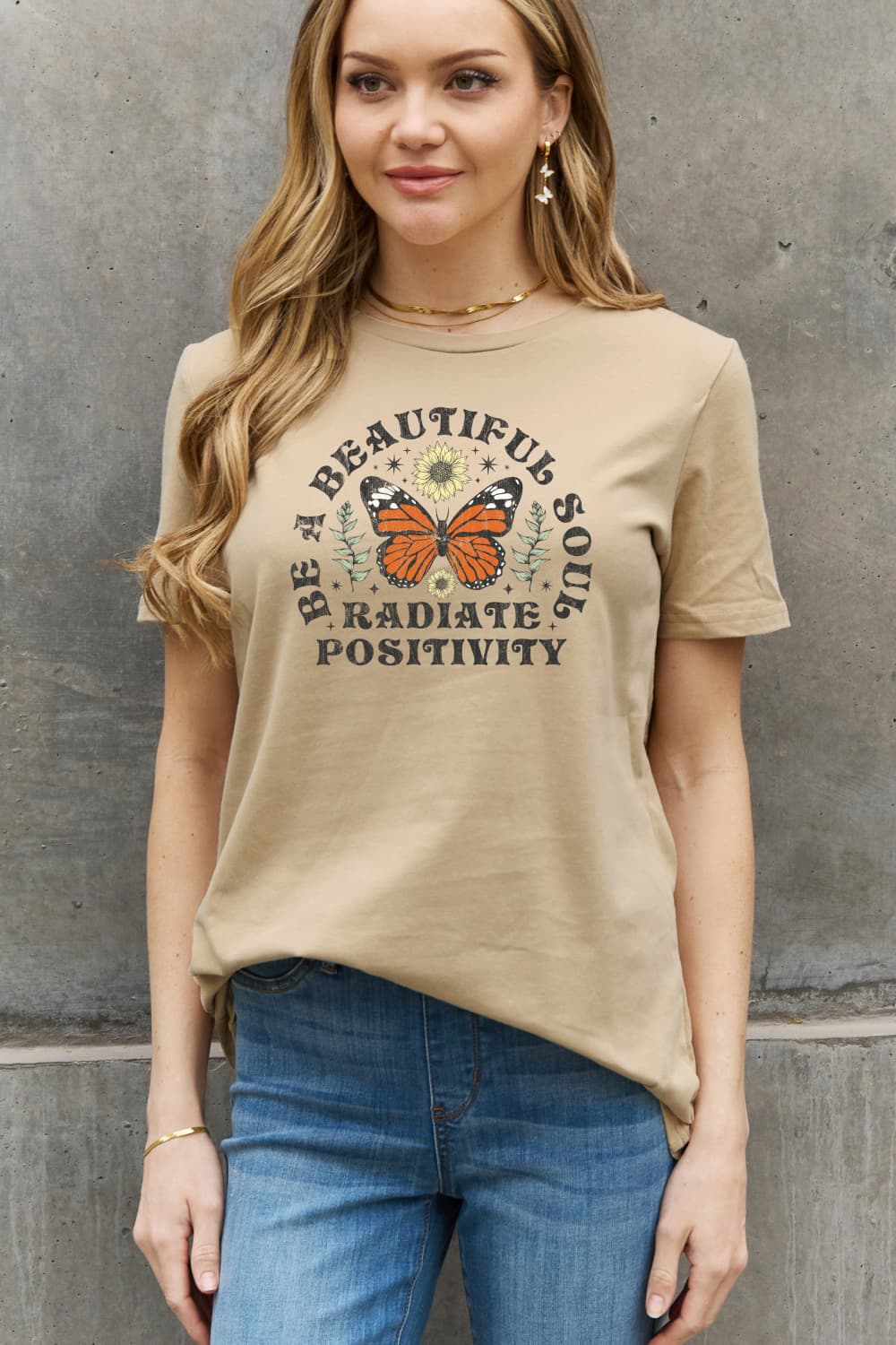 Simply Love Full Size BE A BEAUTIFUL SOUL RADIATE POSITIVITY Graphic Cotton Tee BLUE ZONE PLANET