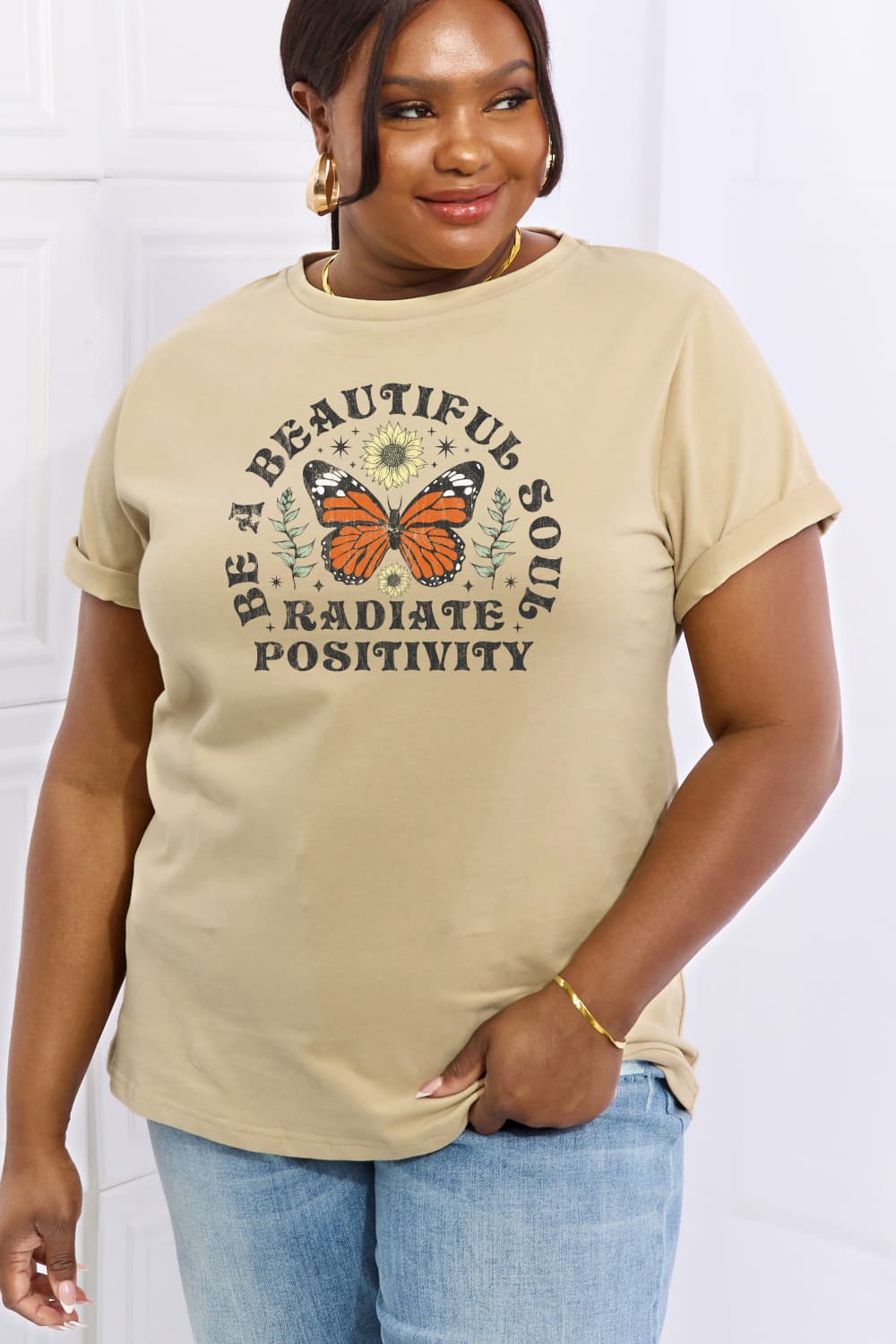 Simply Love Full Size BE A BEAUTIFUL SOUL RADIATE POSITIVITY Graphic Cotton Tee BLUE ZONE PLANET