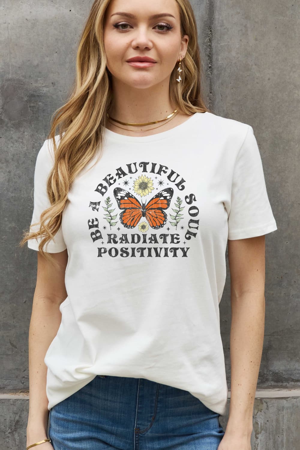 Simply Love Full Size BE A BEAUTIFUL SOUL RADIATE POSITIVITY Graphic Cotton Tee BLUE ZONE PLANET