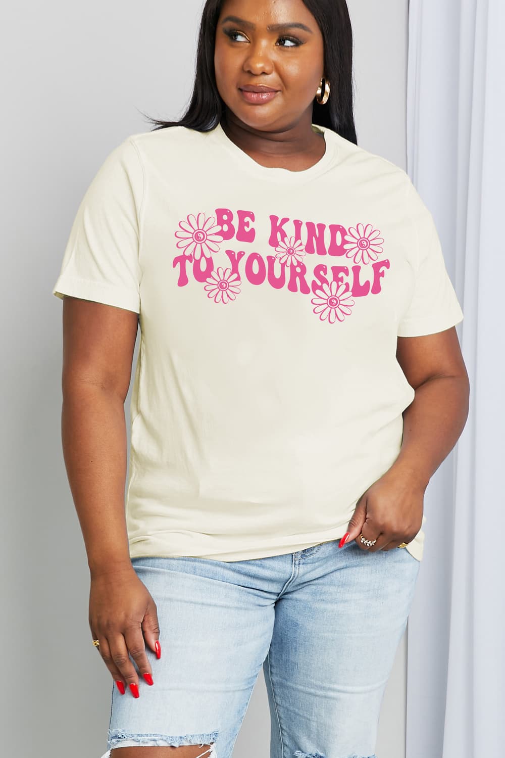 Simply Love Full Size BE KIND TO YOURSELF Flower Graphic Cotton Tee BLUE ZONE PLANET