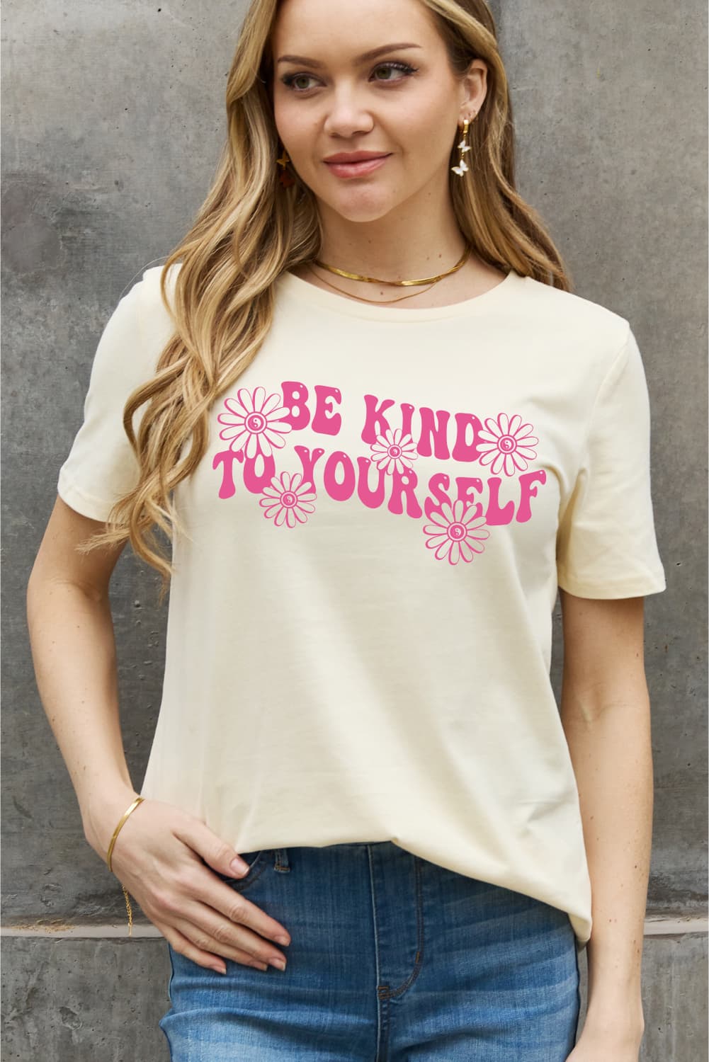 Simply Love Full Size BE KIND TO YOURSELF Flower Graphic Cotton Tee BLUE ZONE PLANET