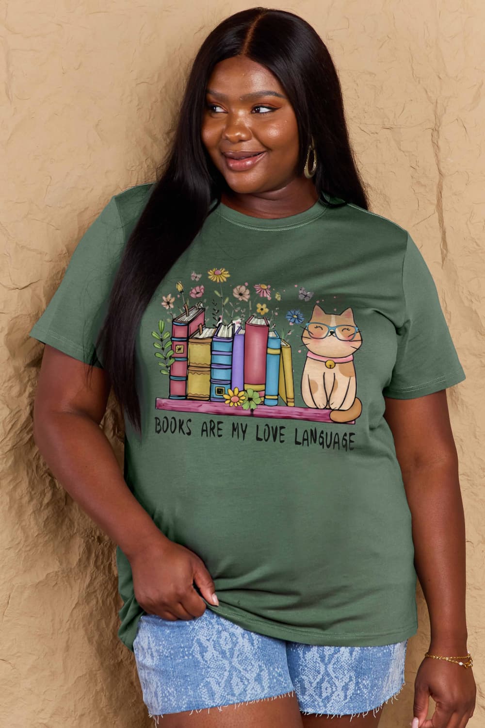 Simply Love Full Size BOOKS ARE MY LOVE LANGUAGE Graphic Cotton Tee BLUE ZONE PLANET