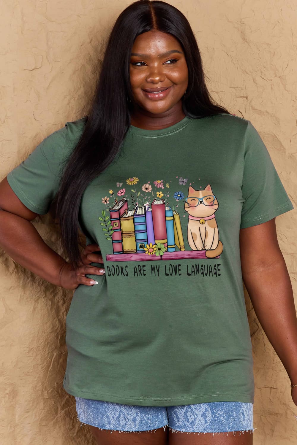 Simply Love Full Size BOOKS ARE MY LOVE LANGUAGE Graphic Cotton Tee BLUE ZONE PLANET