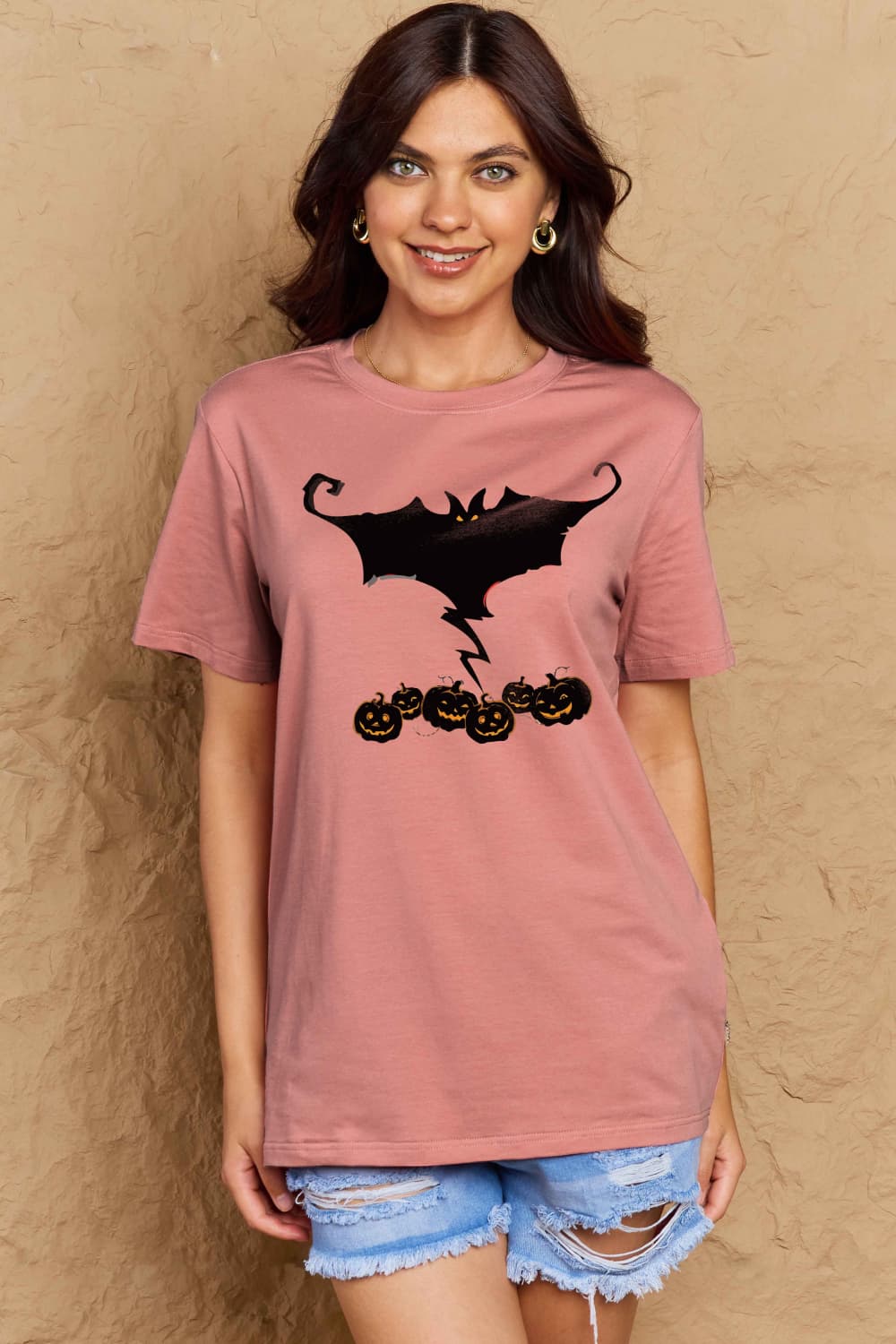 Simply Love Full Size Bat & Pumpkin Graphic Cotton T-Shirt BLUE ZONE PLANET